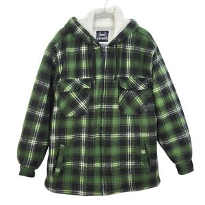 Jon Lauren Hooded Full Zip Flannel Shacket Mens XL Green Black Plaid Jacket
